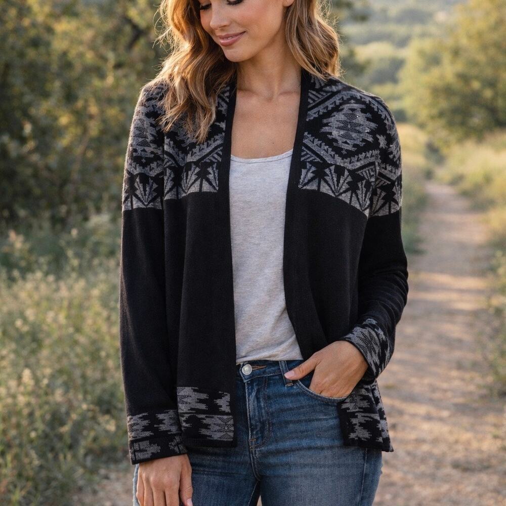 Pendleton Merino Wool Cotton Blend Aztec Tribal Print Open Cardigan Black Large